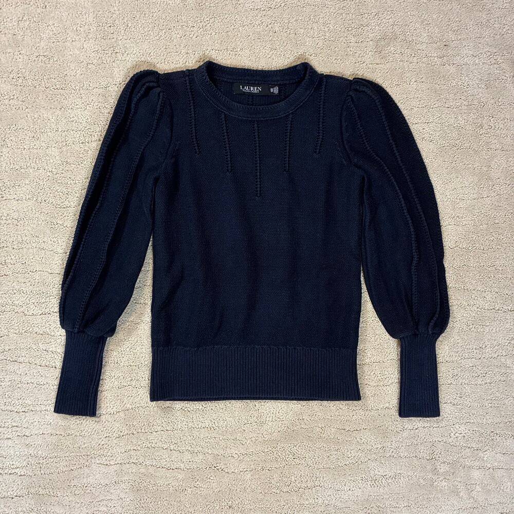 Lauren Ralph Lauren Womens XS Cotton Knit Puff Sleeve Sweater Dark Academia Prep